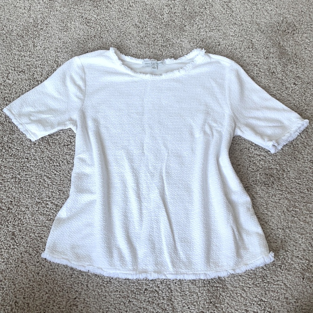 Green Envelope Flocked Hem White Blouse, Size S